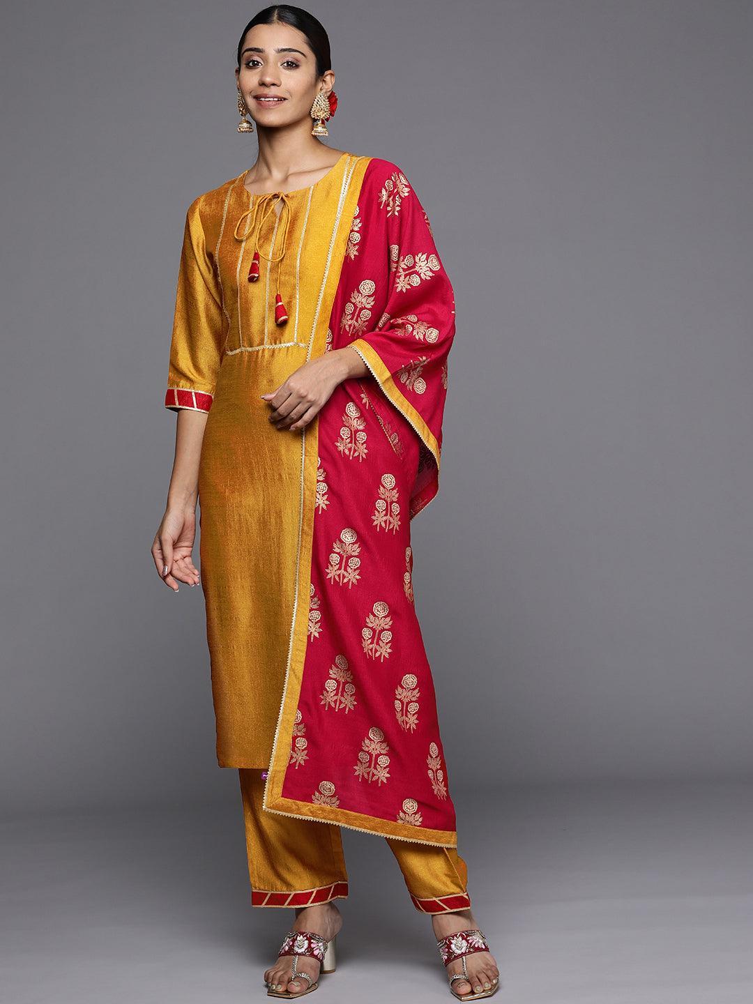 Mustard Yoke Design Silk Blend Straight Suit Set - ShopLibas