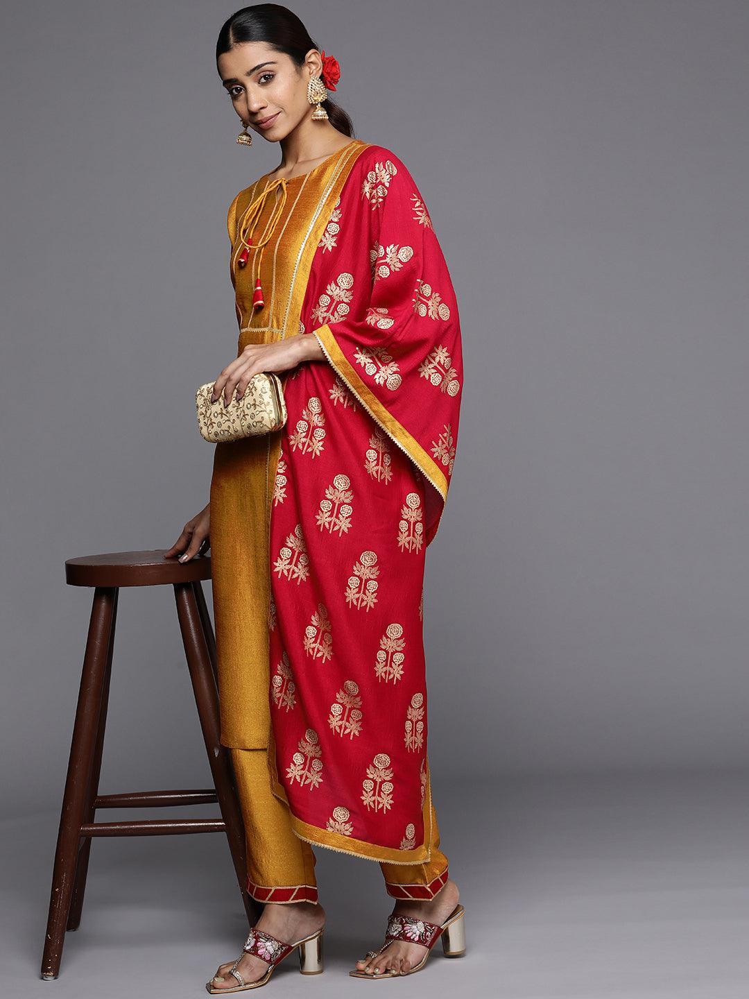 Mustard Yoke Design Silk Blend Straight Suit Set - ShopLibas