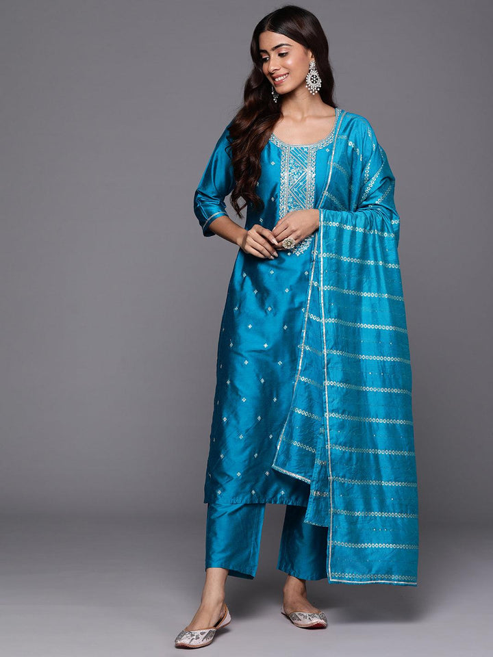 Blue Woven Design Silk Blend Straight Kurta With Trousers & Dupatta - ShopLibas