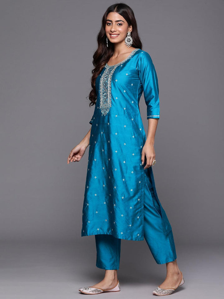 Blue Woven Design Silk Blend Straight Kurta With Trousers & Dupatta - ShopLibas