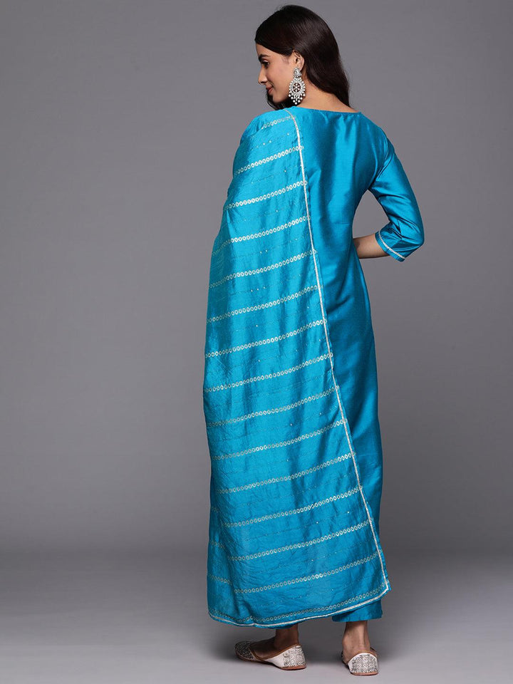 Blue Woven Design Silk Blend Straight Kurta With Trousers & Dupatta - ShopLibas