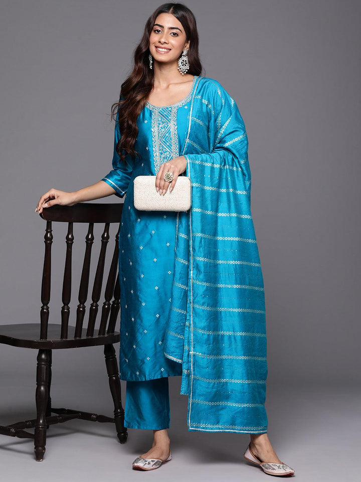 Blue Woven Design Silk Blend Straight Kurta With Trousers & Dupatta - ShopLibas