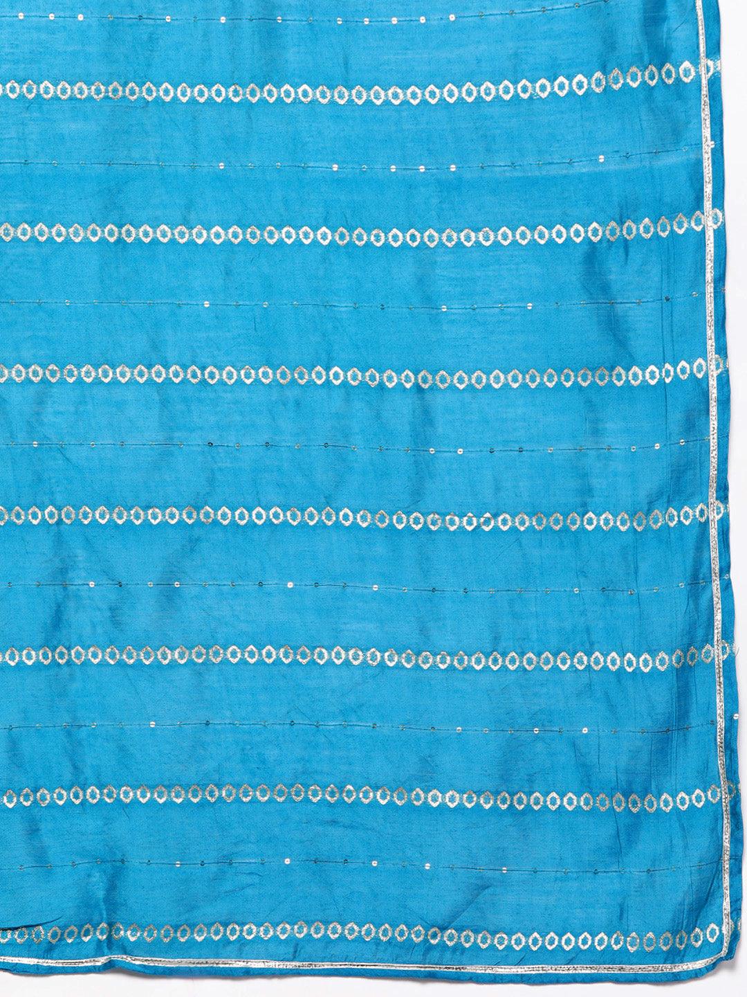 Blue Woven Design Silk Blend Straight Kurta With Trousers & Dupatta - ShopLibas