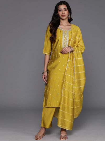 Yellow Yoke Design Silk Blend Straight Kurta With Trousers & Dupatta - ShopLibas