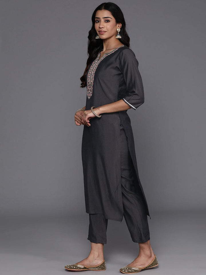 Grey Yoke Design Silk Blend Straight Kurta With Trousers & Dupatta - ShopLibas