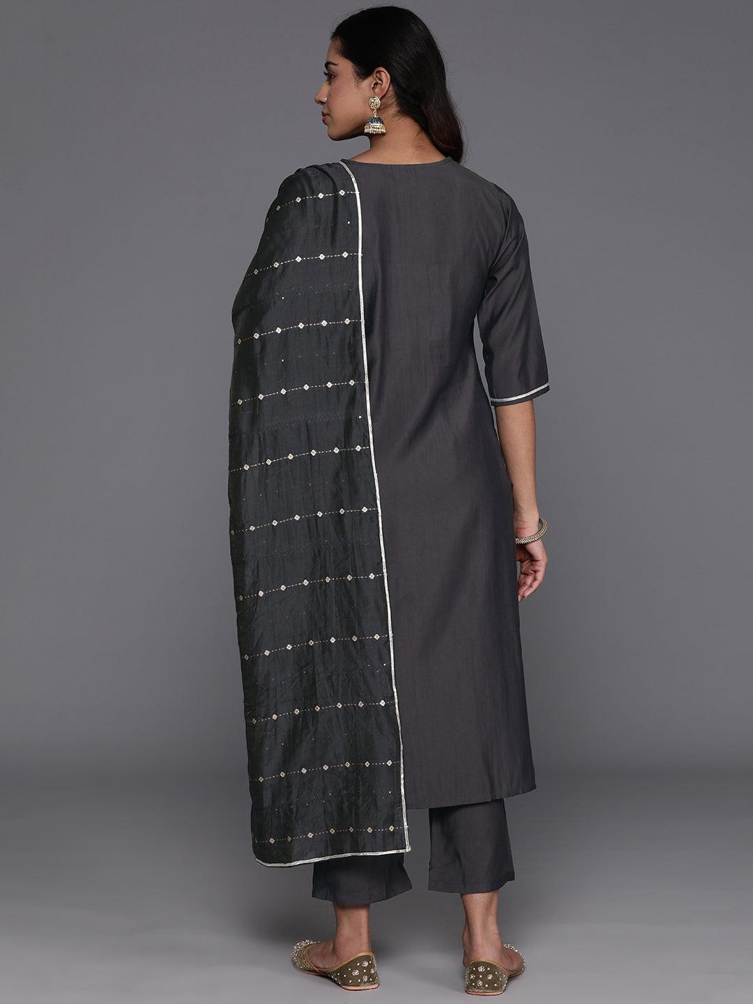 Grey Yoke Design Silk Blend Straight Kurta With Trousers & Dupatta - ShopLibas