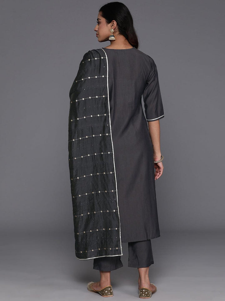 Grey Yoke Design Silk Blend Straight Kurta With Trousers & Dupatta - ShopLibas