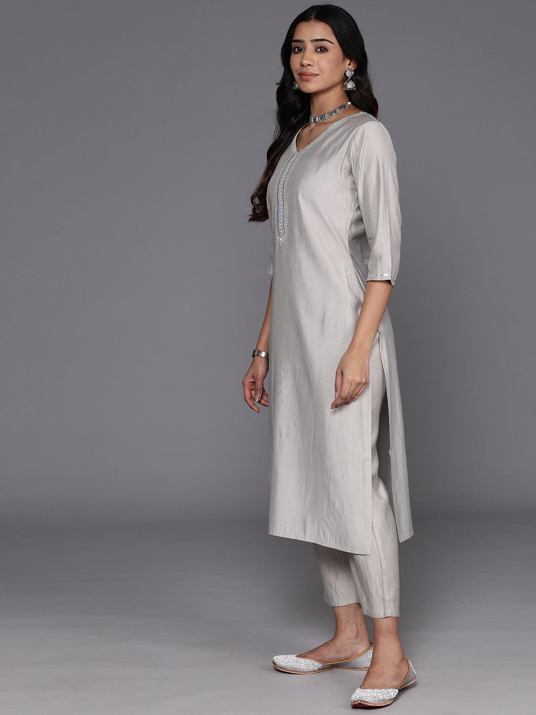 Grey Yoke Design Silk Blend Straight Kurta With Trousers & Dupatta - ShopLibas 