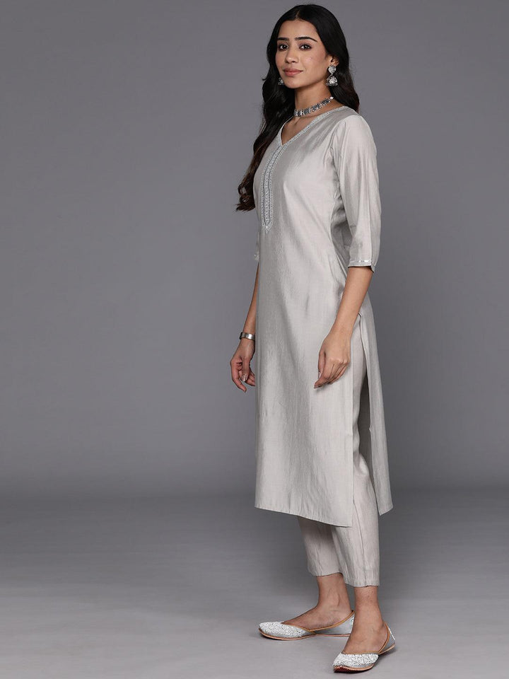 Grey Yoke Design Silk Blend Straight Suit With Dupatta