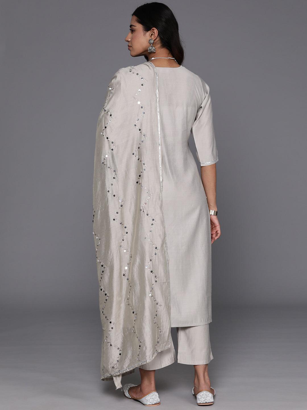 Grey Yoke Design Silk Blend Straight Kurta With Trousers & Dupatta - ShopLibas 