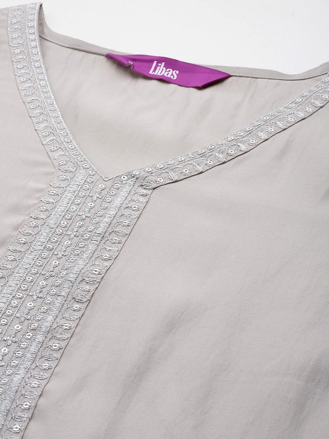Grey Yoke Design Silk Blend Straight Kurta With Trousers & Dupatta - ShopLibas 