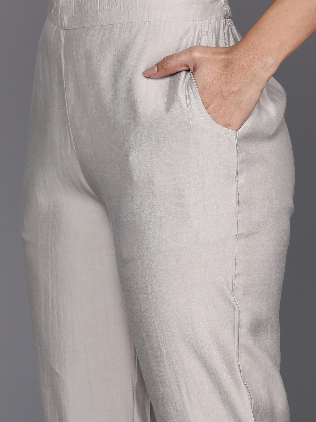 Grey Yoke Design Silk Blend Straight Kurta With Trousers & Dupatta - ShopLibas 