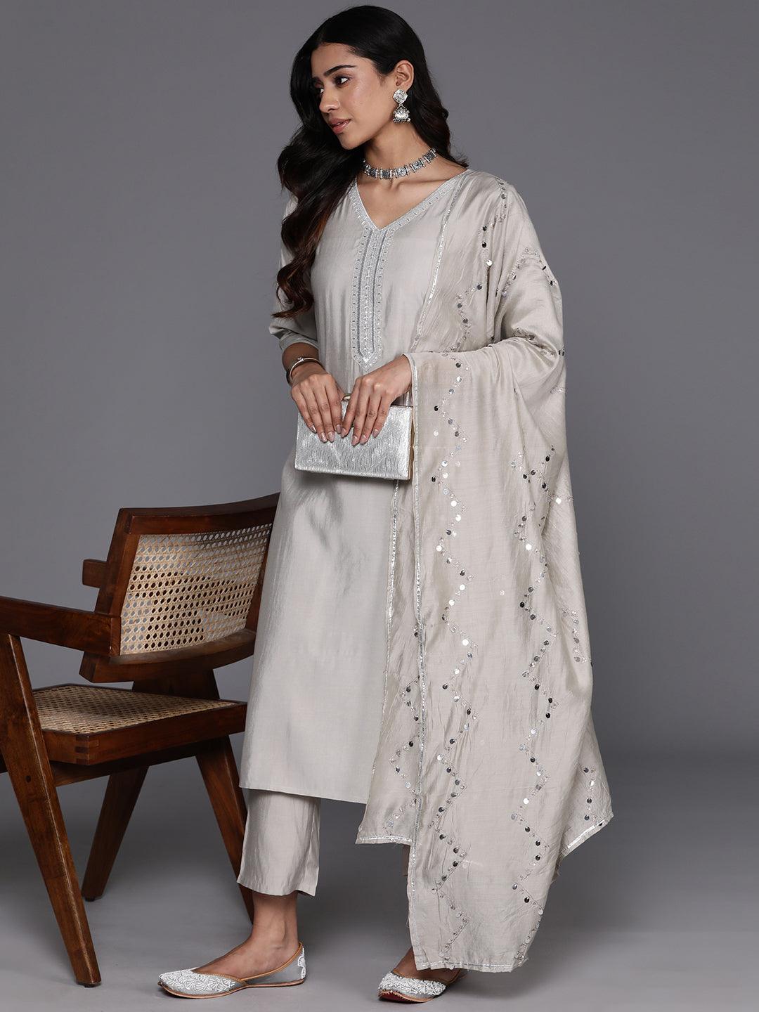 Grey Yoke Design Silk Blend Straight Kurta With Trousers & Dupatta - ShopLibas 