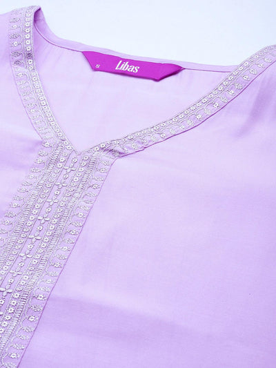 Lavender Yoke Design Silk Blend Straight Kurta With Trousers & Dupatta - ShopLibas