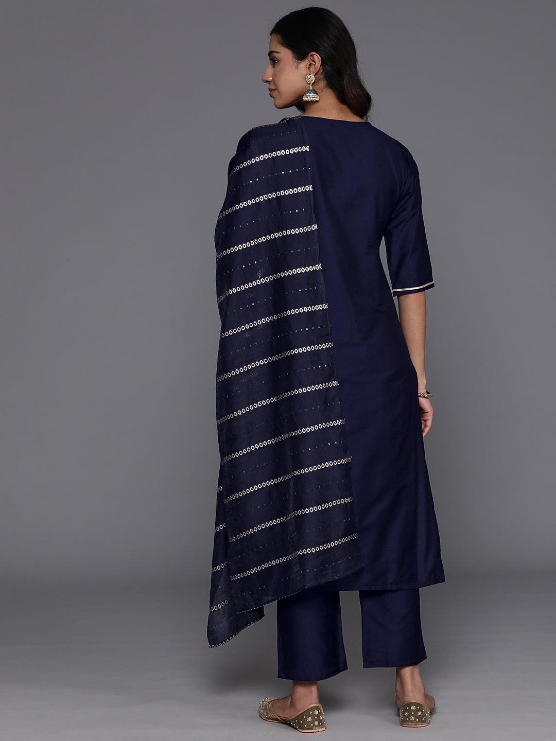 Blue Yoke Design Silk Blend Straight Kurta With Trousers & Dupatta - ShopLibas