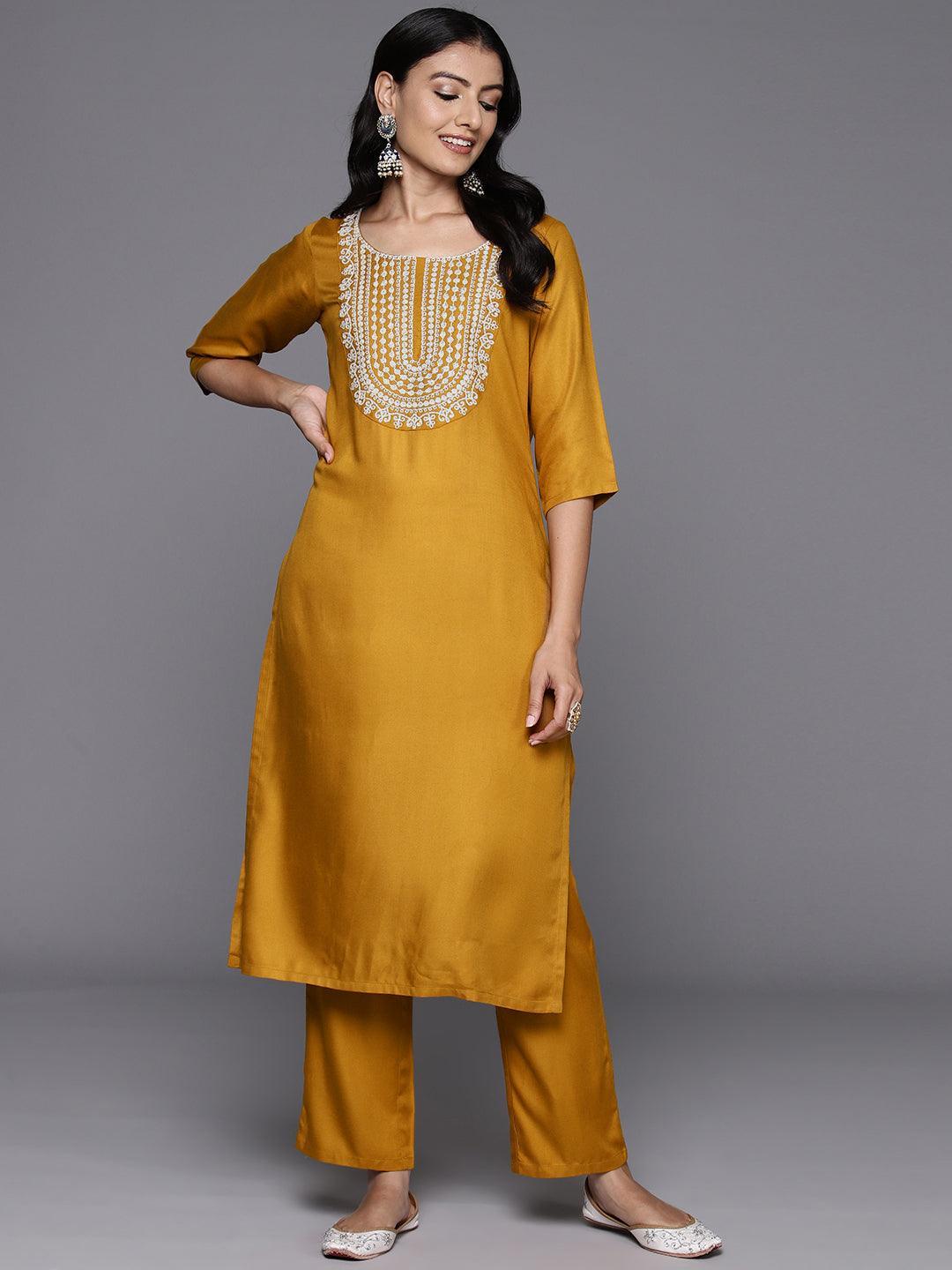 Mustard Yoke Design Wool Blend Straight Kurta With Trousers - ShopLibas 