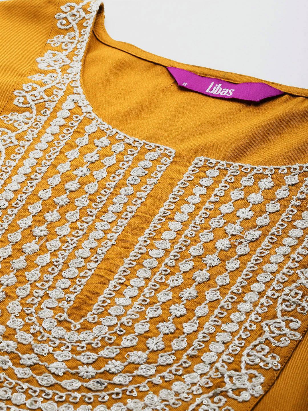 Mustard Yoke Design Wool Blend Straight Kurta With Trousers - ShopLibas 