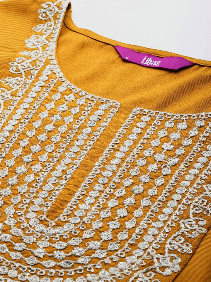 Mustard Yoke Design Wool Blend Straight Kurta Set