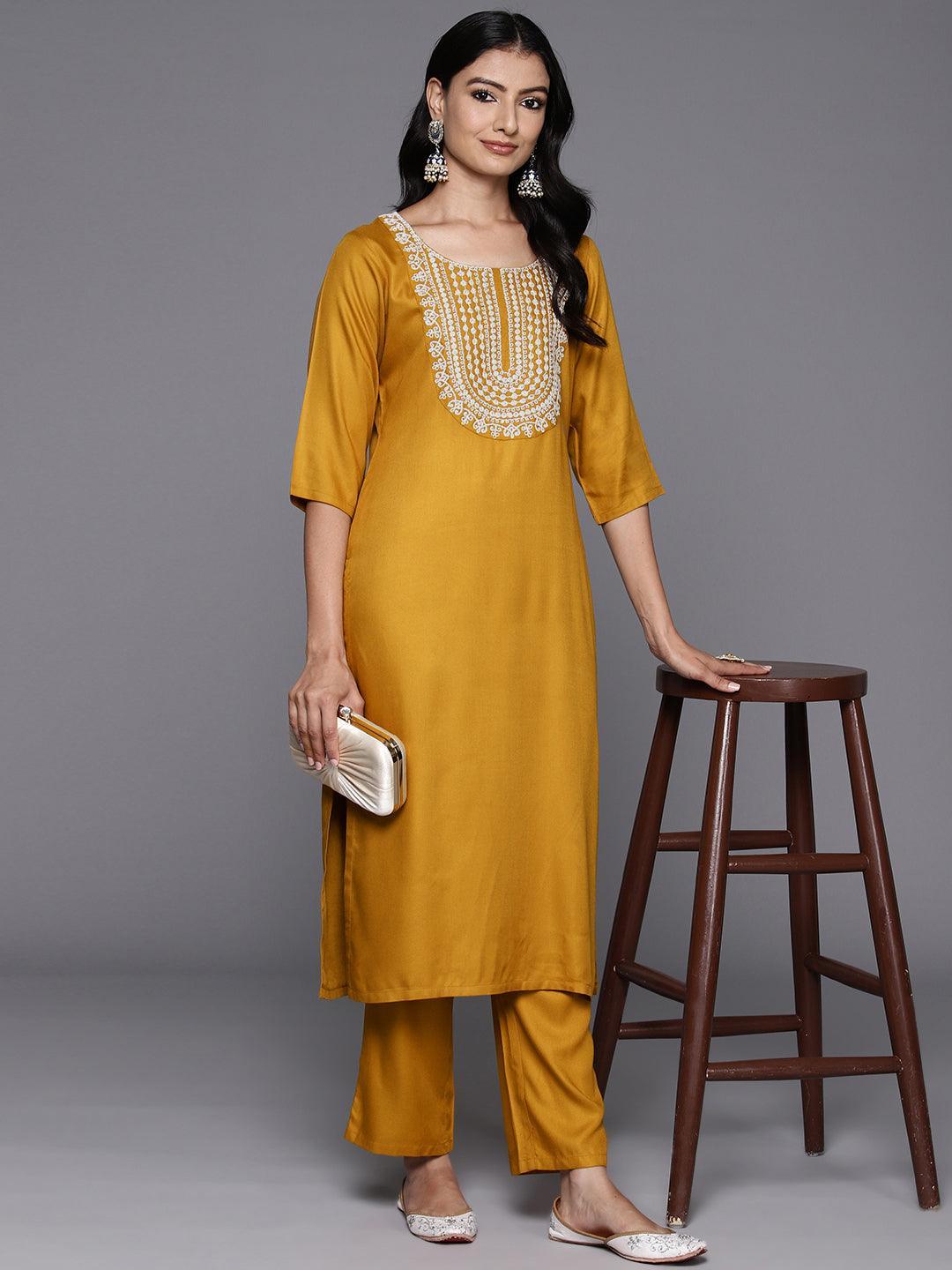 Mustard Yoke Design Wool Blend Straight Kurta With Trousers - ShopLibas 