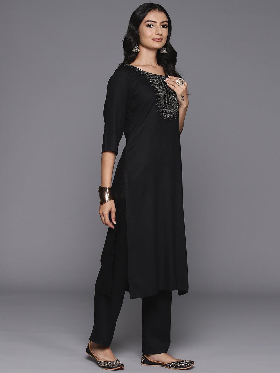 Black Yoke Design Wool Blend Straight Kurta With Trousers - ShopLibas 