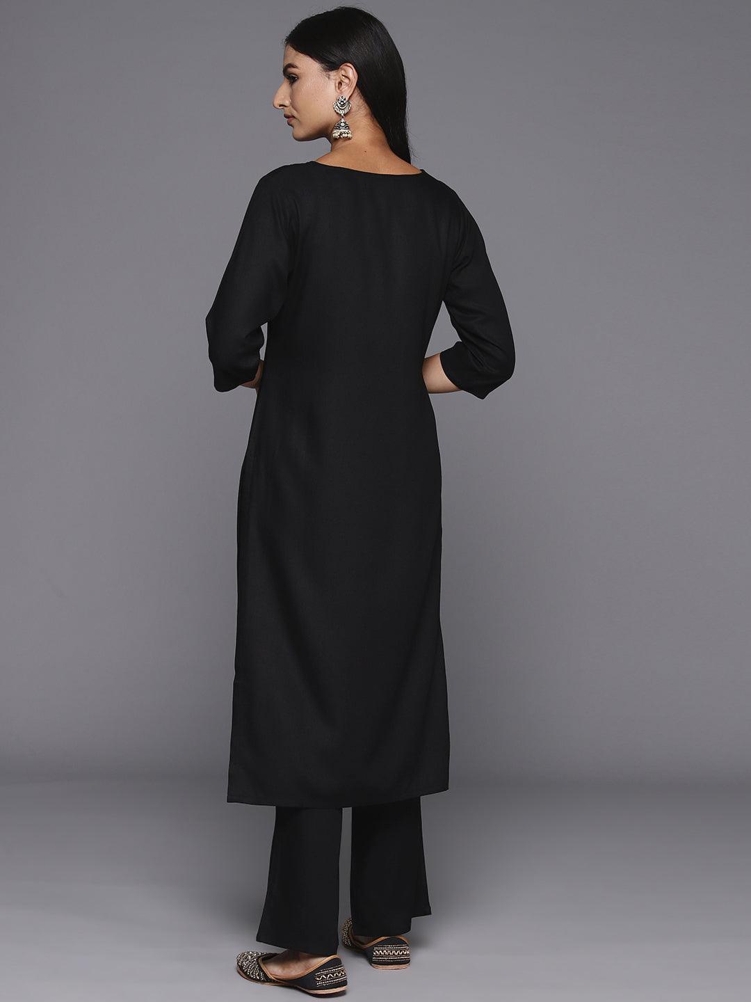 Black Yoke Design Wool Blend Straight Kurta With Trousers - ShopLibas 