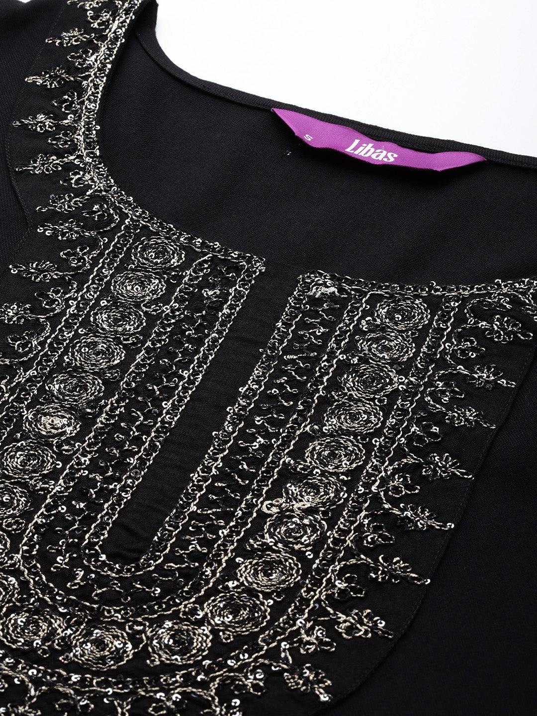 Black Yoke Design Wool Blend Straight Kurta With Trousers - ShopLibas 