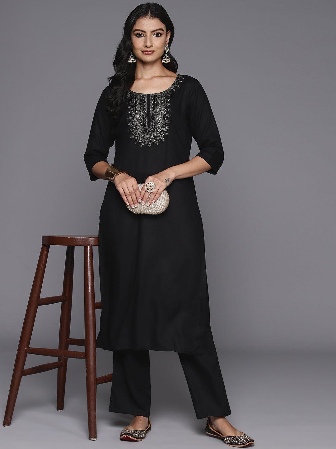 Black Yoke Design Wool Blend Straight Kurta With Trousers - ShopLibas 
