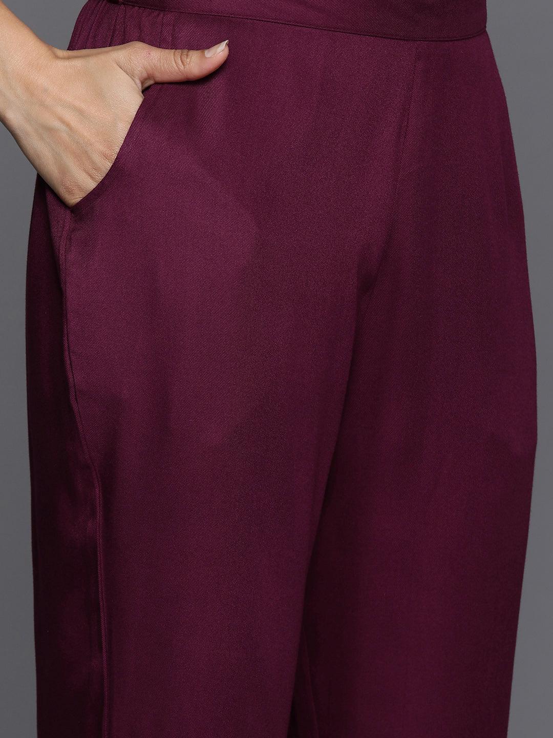 Wine Yoke Design Wool Blend Tunic With Trousers - ShopLibas