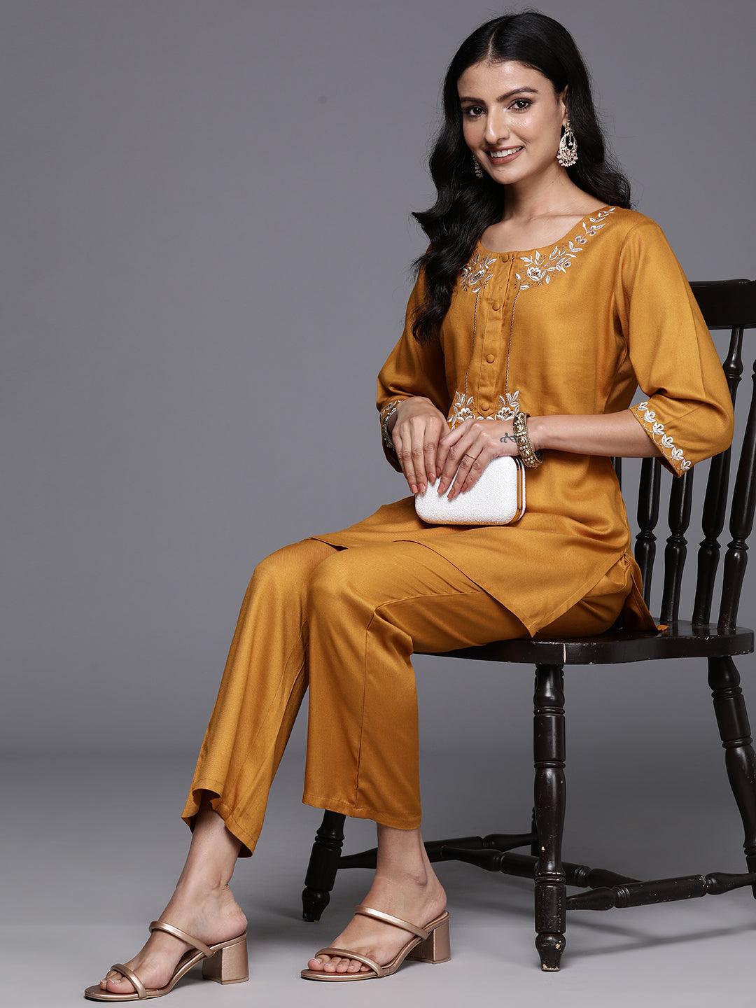 Mustard Embroidered Wool Blend Tunic With Trousers - ShopLibas