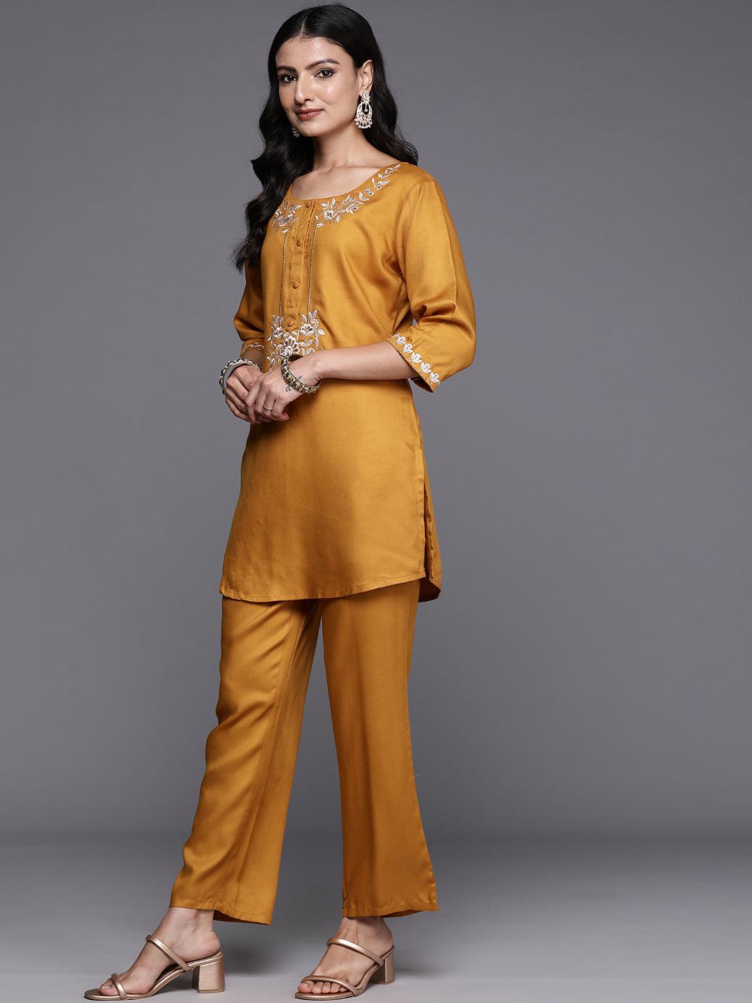 Mustard Embroidered Wool Blend Tunic With Trousers - ShopLibas 