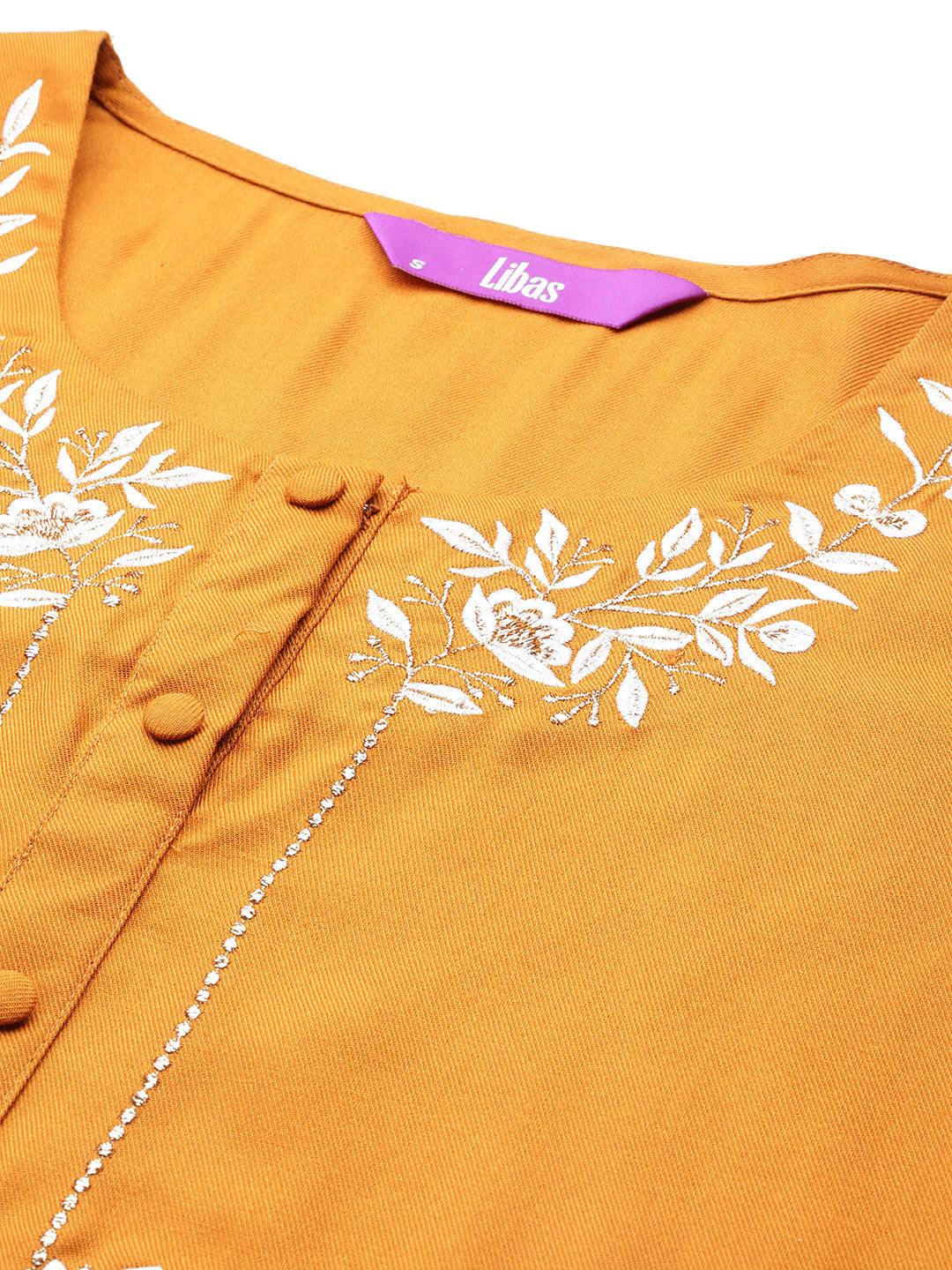 Mustard Embroidered Wool Blend Tunic With Trousers - ShopLibas 