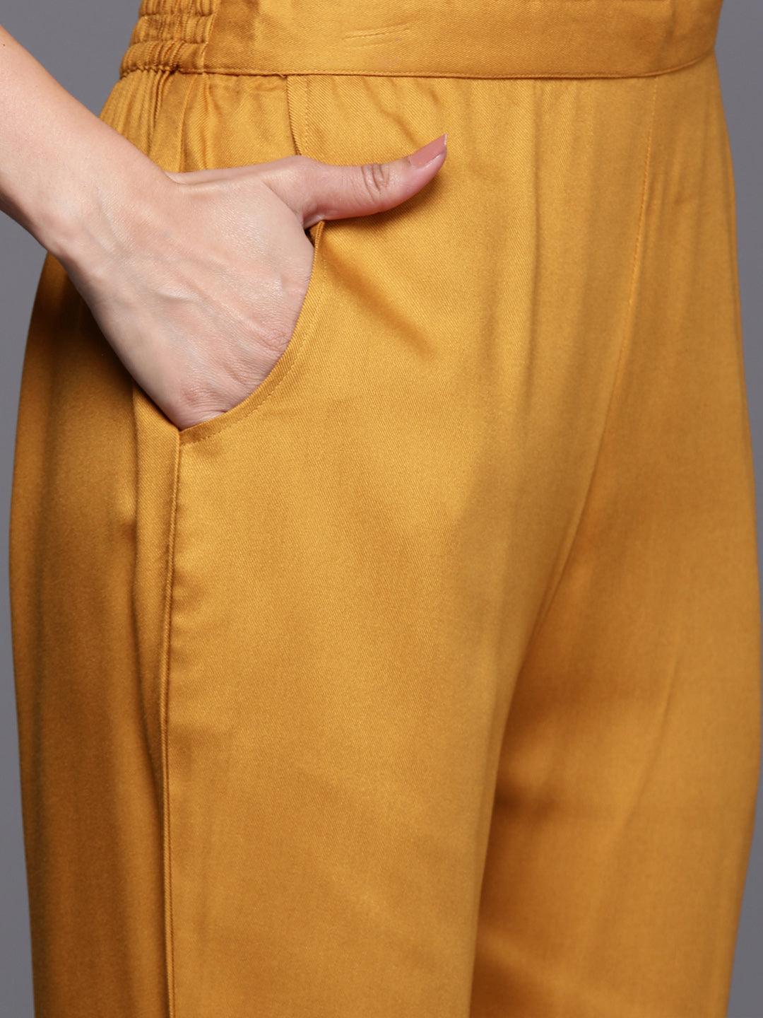 Mustard Embroidered Wool Blend Tunic With Trousers - ShopLibas 
