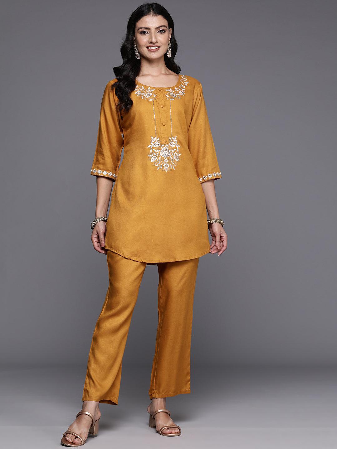 Mustard Embroidered Wool Blend Tunic With Trousers - ShopLibas 