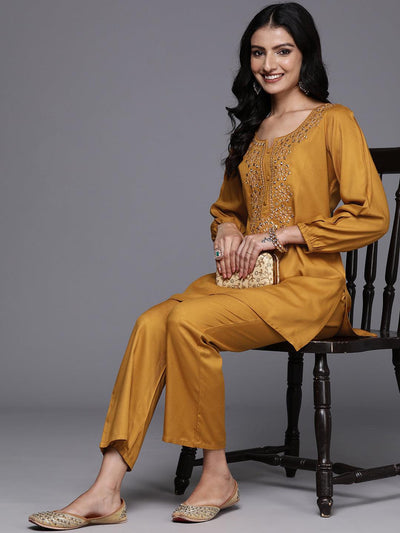 Mustard Embroidered Wool Blend Tunic With Trousers - ShopLibas