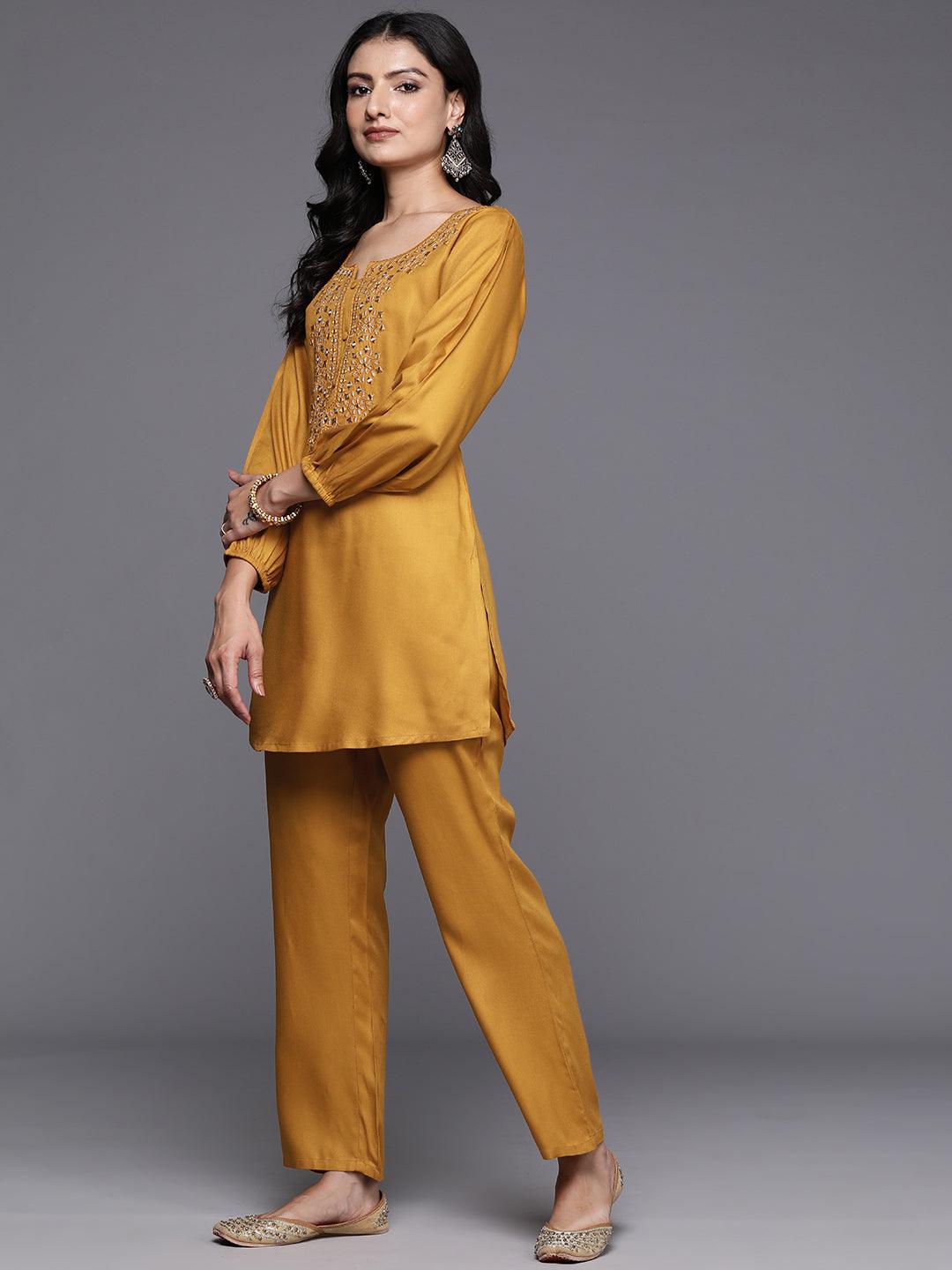 Mustard Embroidered Wool Blend Tunic With Trousers - ShopLibas 