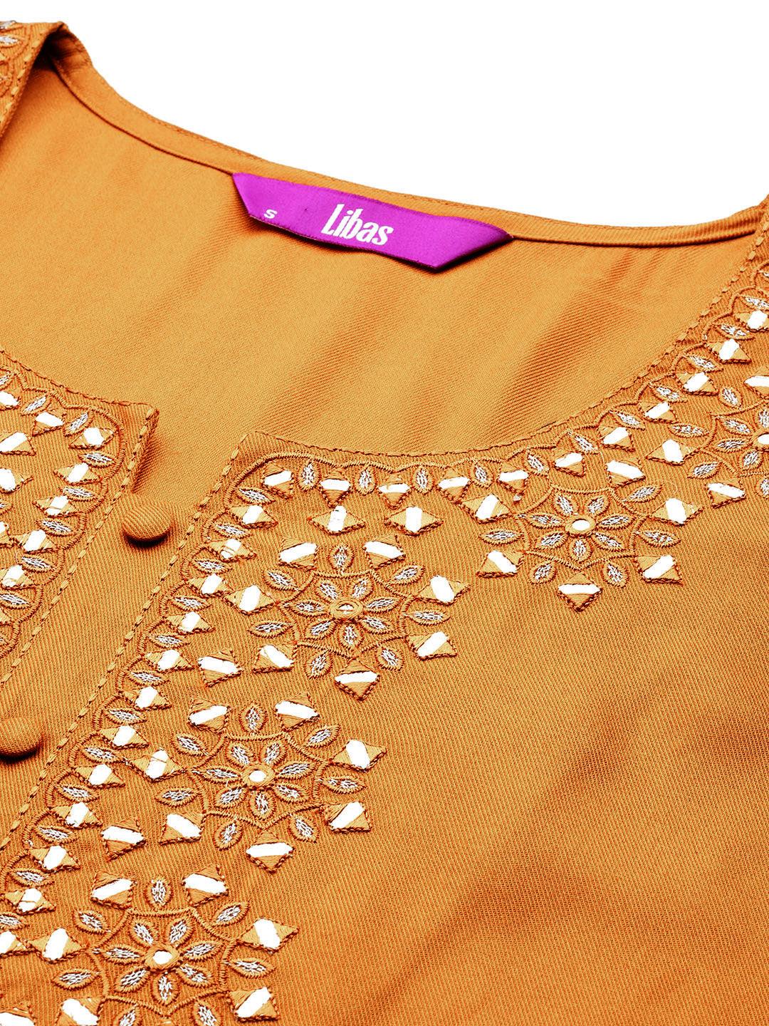 Mustard Embroidered Wool Blend Tunic With Trousers - ShopLibas 