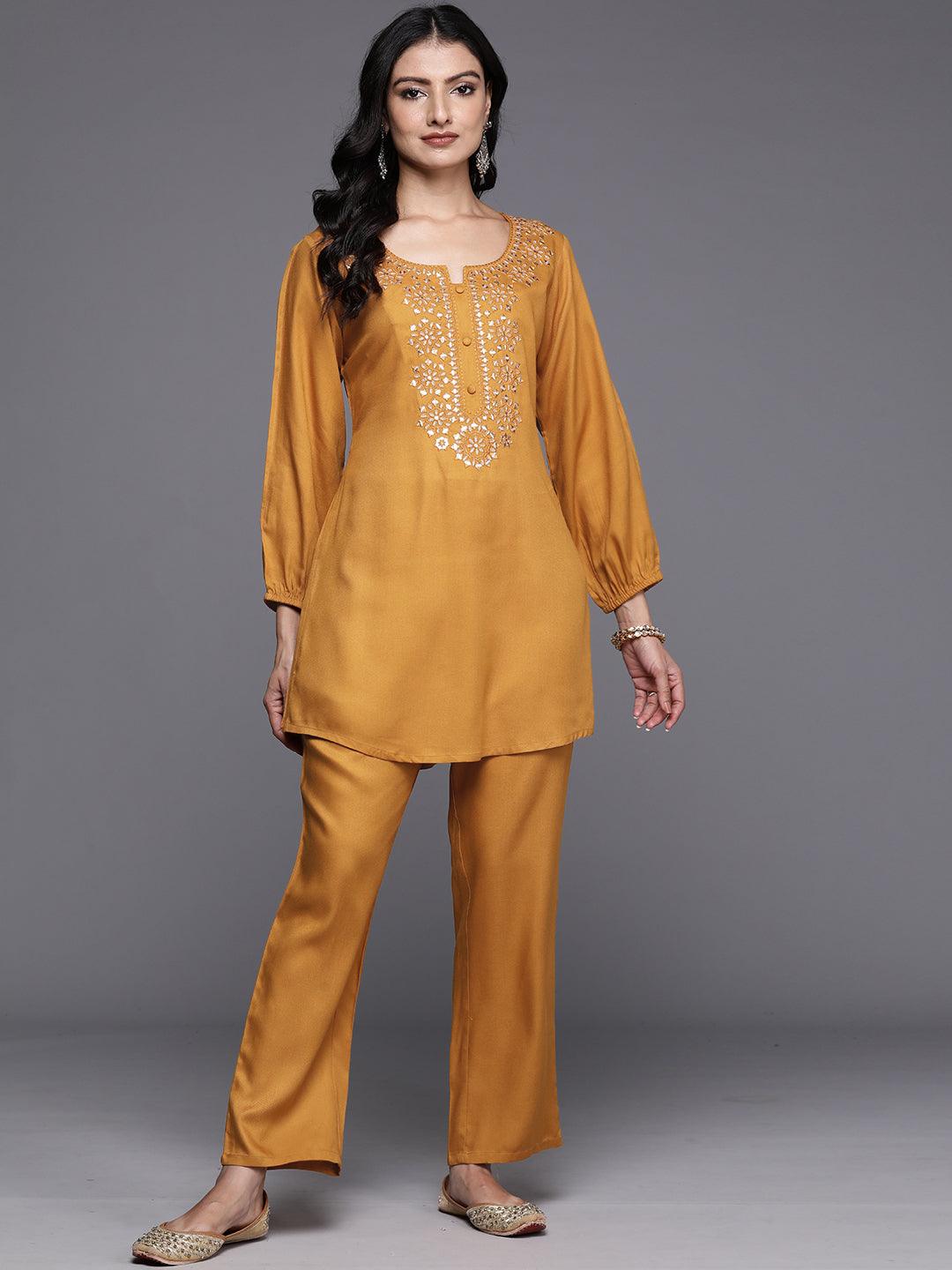 Mustard Embroidered Wool Blend Tunic With Trousers - ShopLibas 