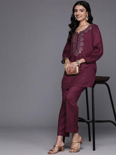Wine Embroidered Wool Blend Tunic With Trousers - ShopLibas