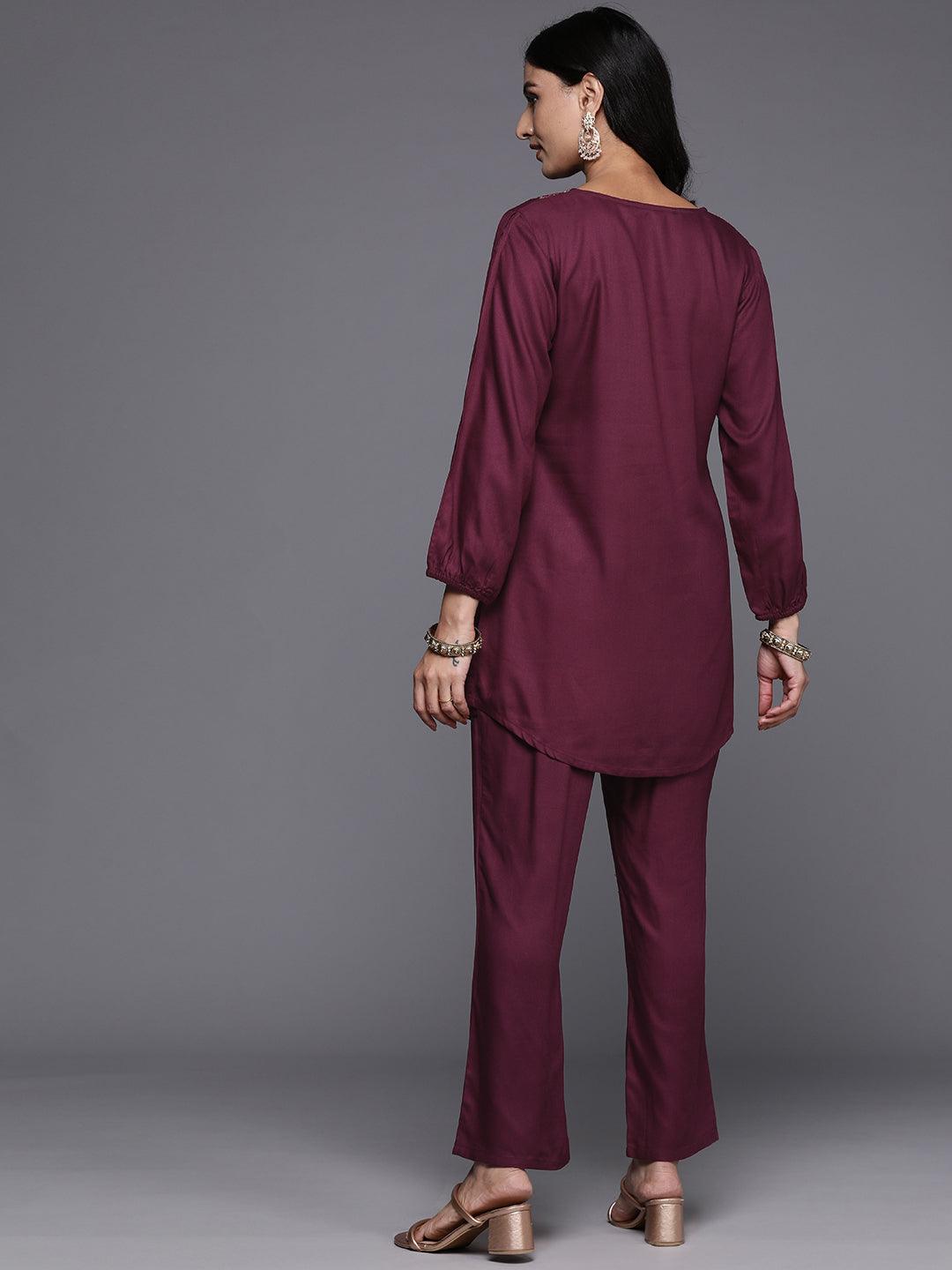 Wine Embroidered Wool Blend Tunic With Trousers - ShopLibas 