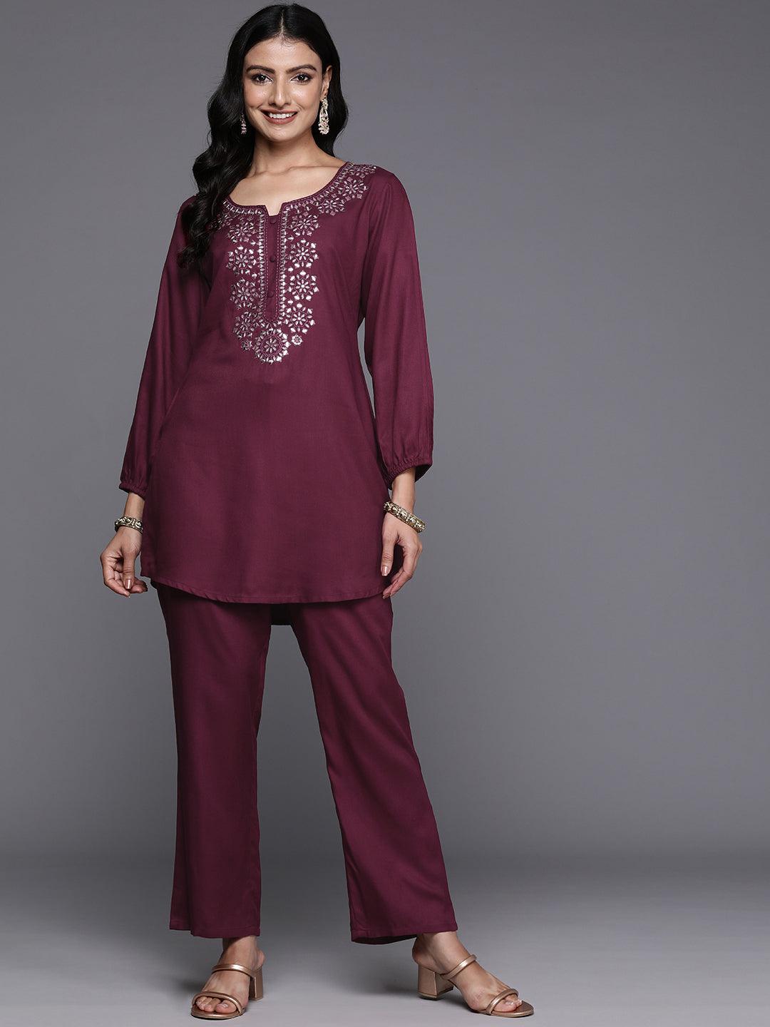 Wine Embroidered Wool Blend Tunic With Trousers - ShopLibas 
