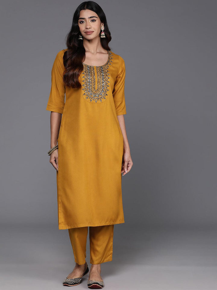 Mustard Yoke Design Wool Blend Straight Kurta Set