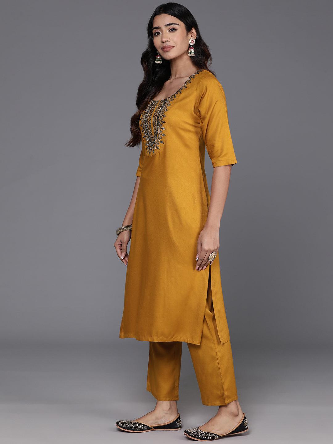 Mustard Yoke Design Wool Blend Straight Kurta With Trousers - ShopLibas 