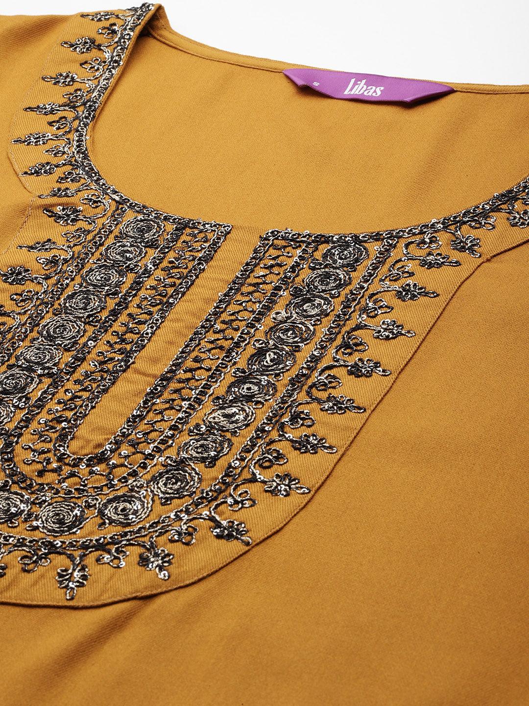 Mustard Yoke Design Wool Blend Straight Kurta With Trousers - ShopLibas 
