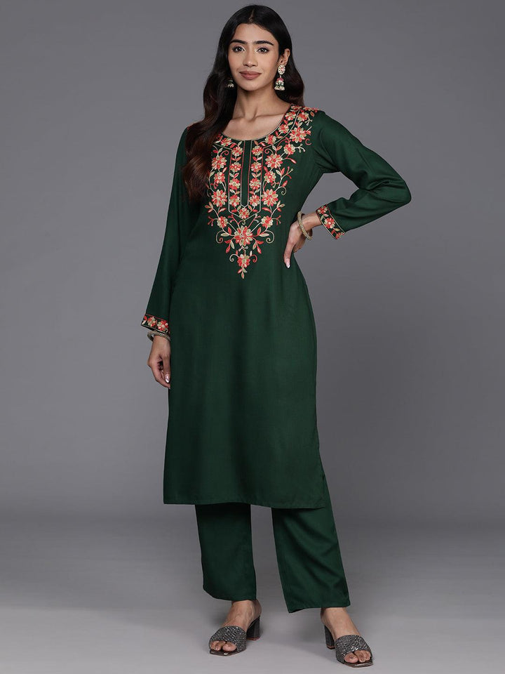 Green Yoke Design Wool Blend Straight Kurta Set