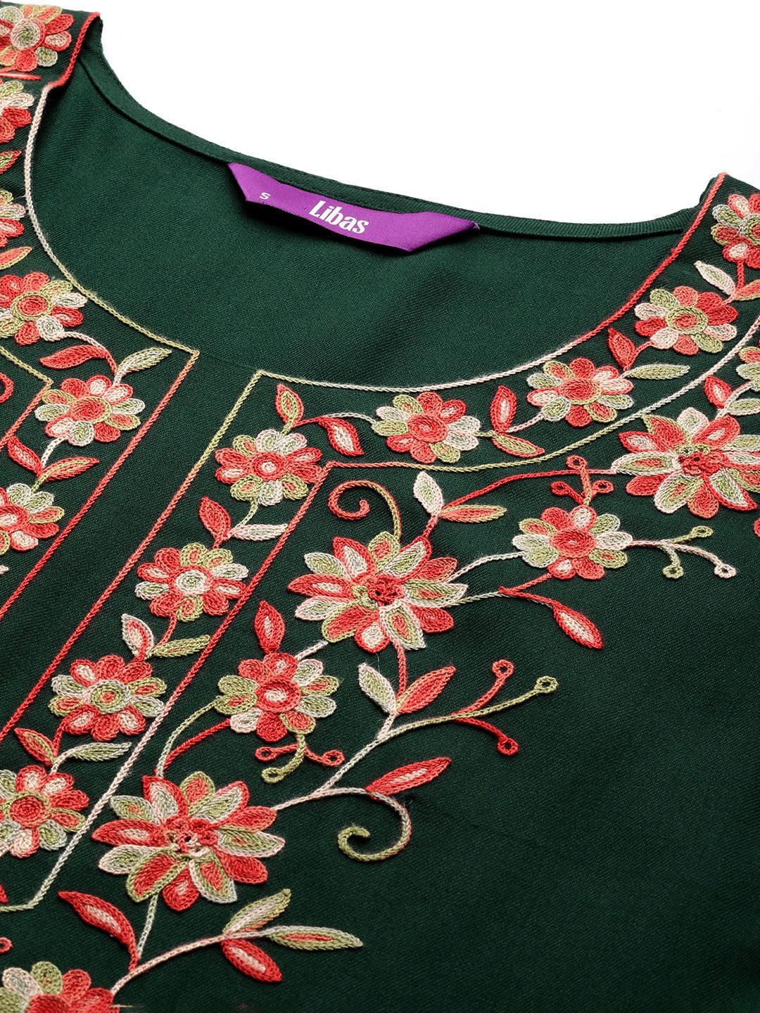 Green Yoke Design Wool Blend Straight Kurta With Trousers - ShopLibas 