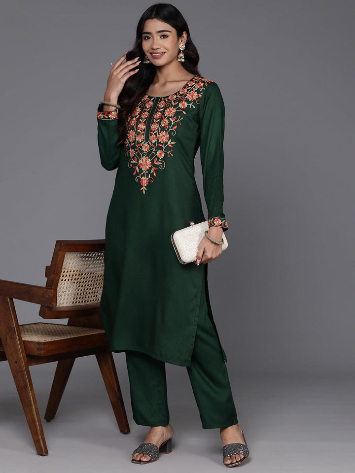 Green Yoke Design Wool Blend Straight Kurta Set