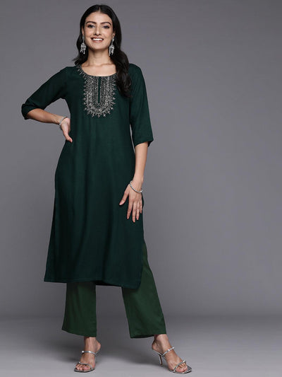 Green Yoke Design Wool Blend Straight Kurta With Trousers - ShopLibas