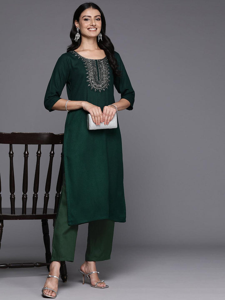 Green Yoke Design Wool Blend Straight Kurta With Trousers - ShopLibas