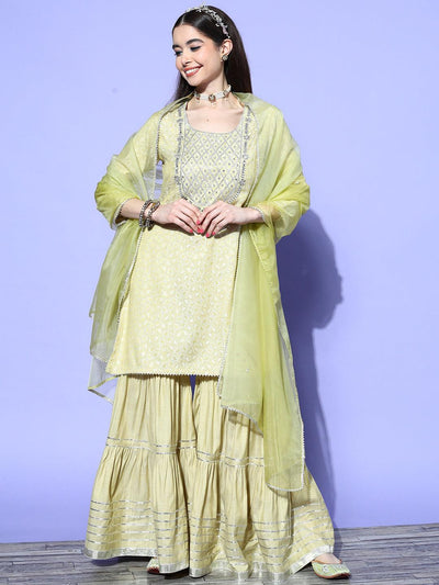 Green Yoke Design Cotton Blend Suit Set With Sharara - ShopLibas