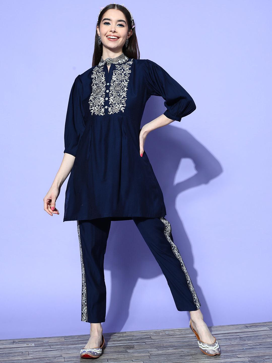 Navy Blue Embellished Silk Blend Co-Ords - ShopLibas 